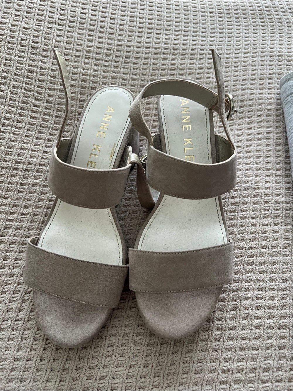 Anne Klein Taupe Suede Block Heel Sandals with Ankle Strap
